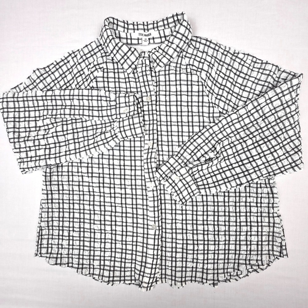 Steve‎ Madden Puckered Plaid Open Back Button Down Shirt Womens M White Black